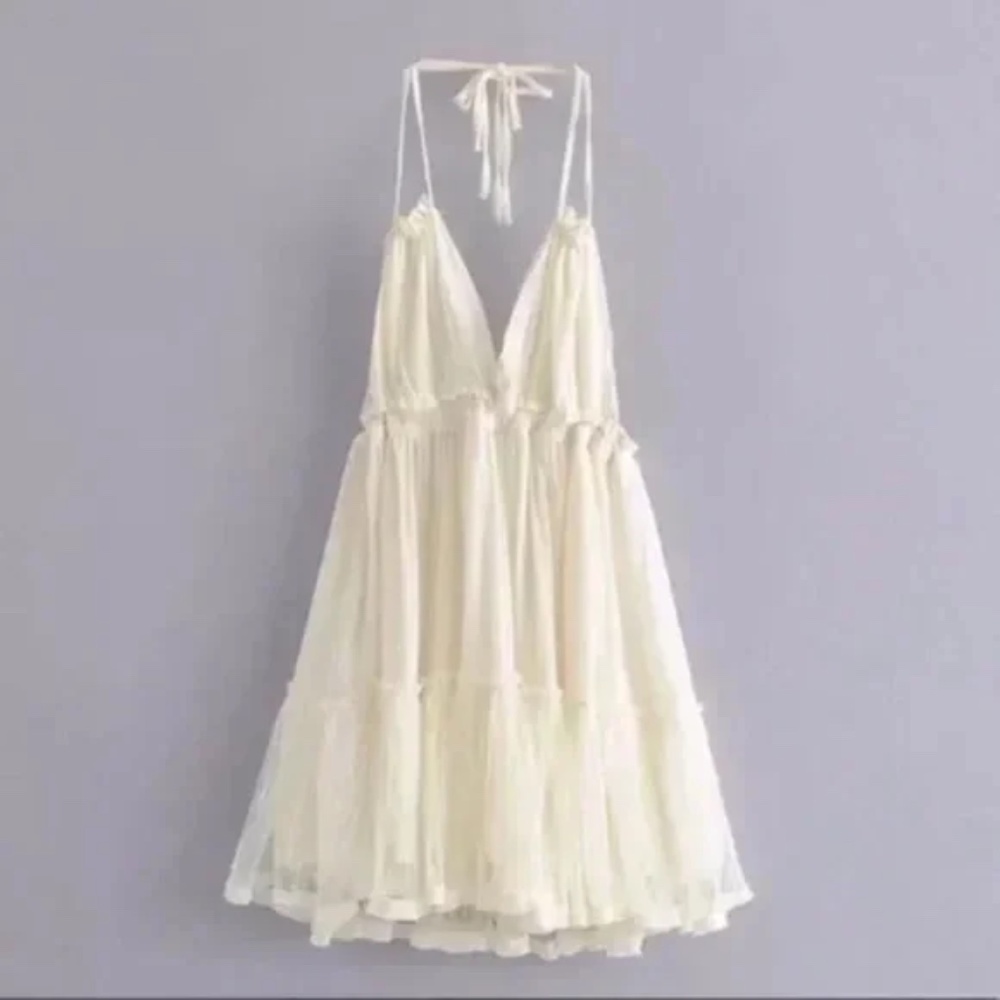 SOLD OUT Ivory Swiss Dot Mesh Boho Halter Mini Dress - Picture 6 of 6